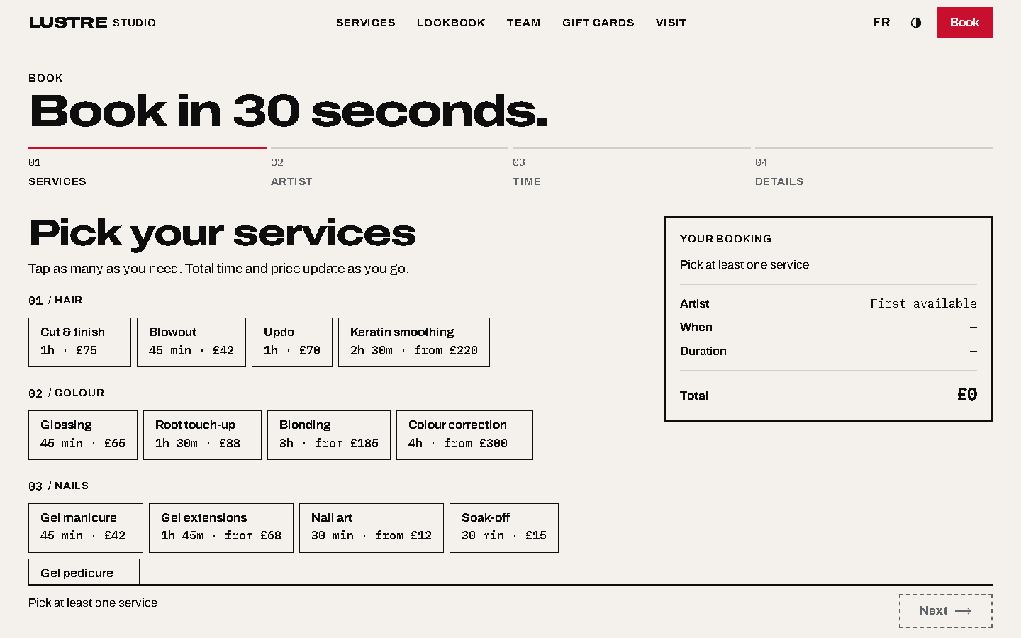 LUSTRE Studio booking page with services, artist, time and details steps and a running total.