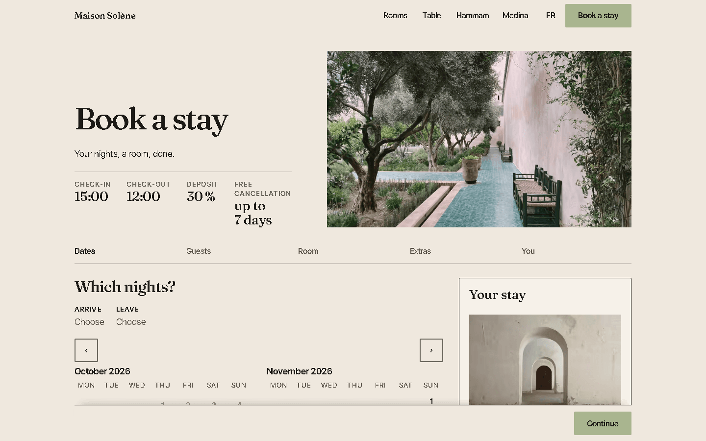 Maison Solène booking page with dates, room and extras.