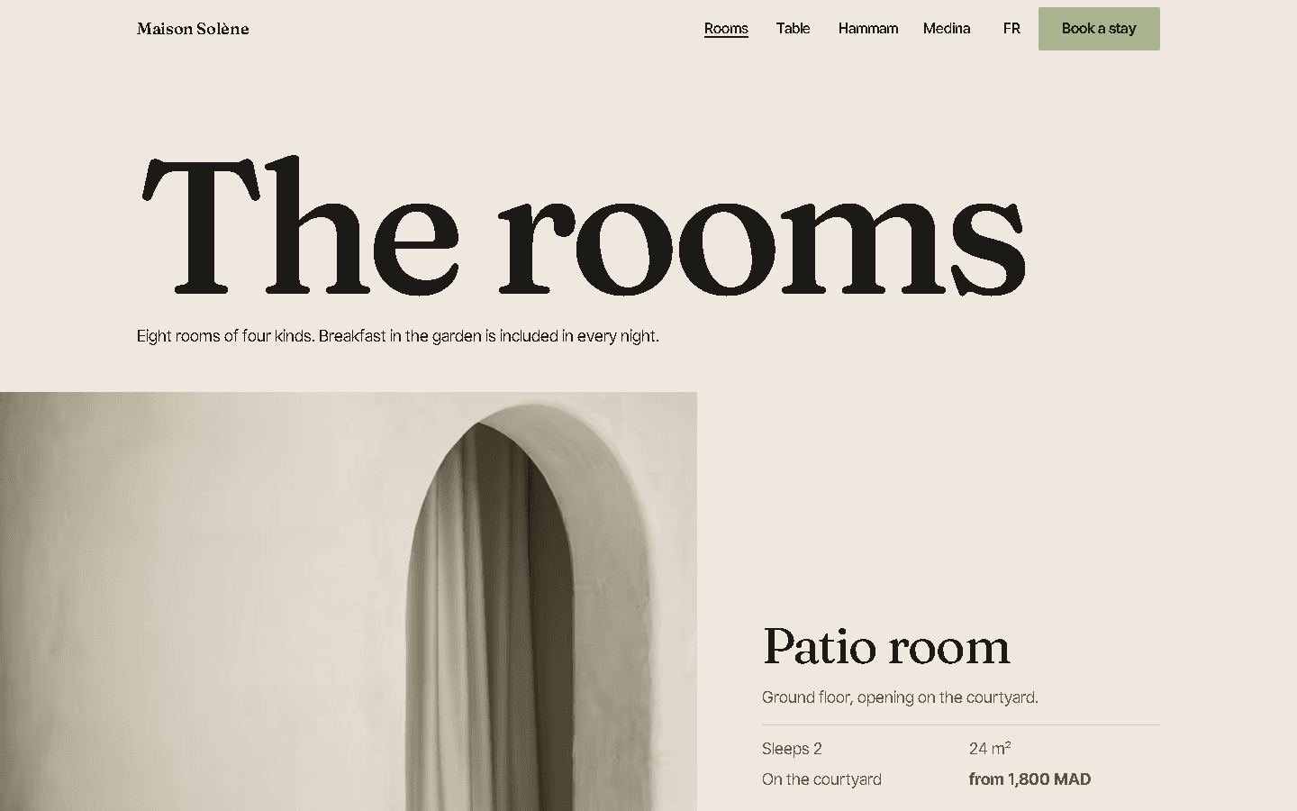 Maison Solène rooms page listing the patio room with size and from-price.