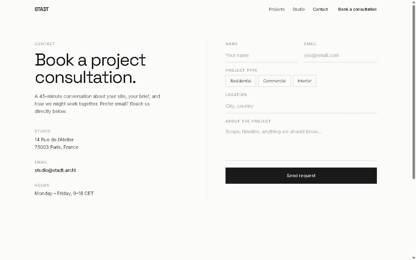 STADT contact page with a project-consultation booking form.