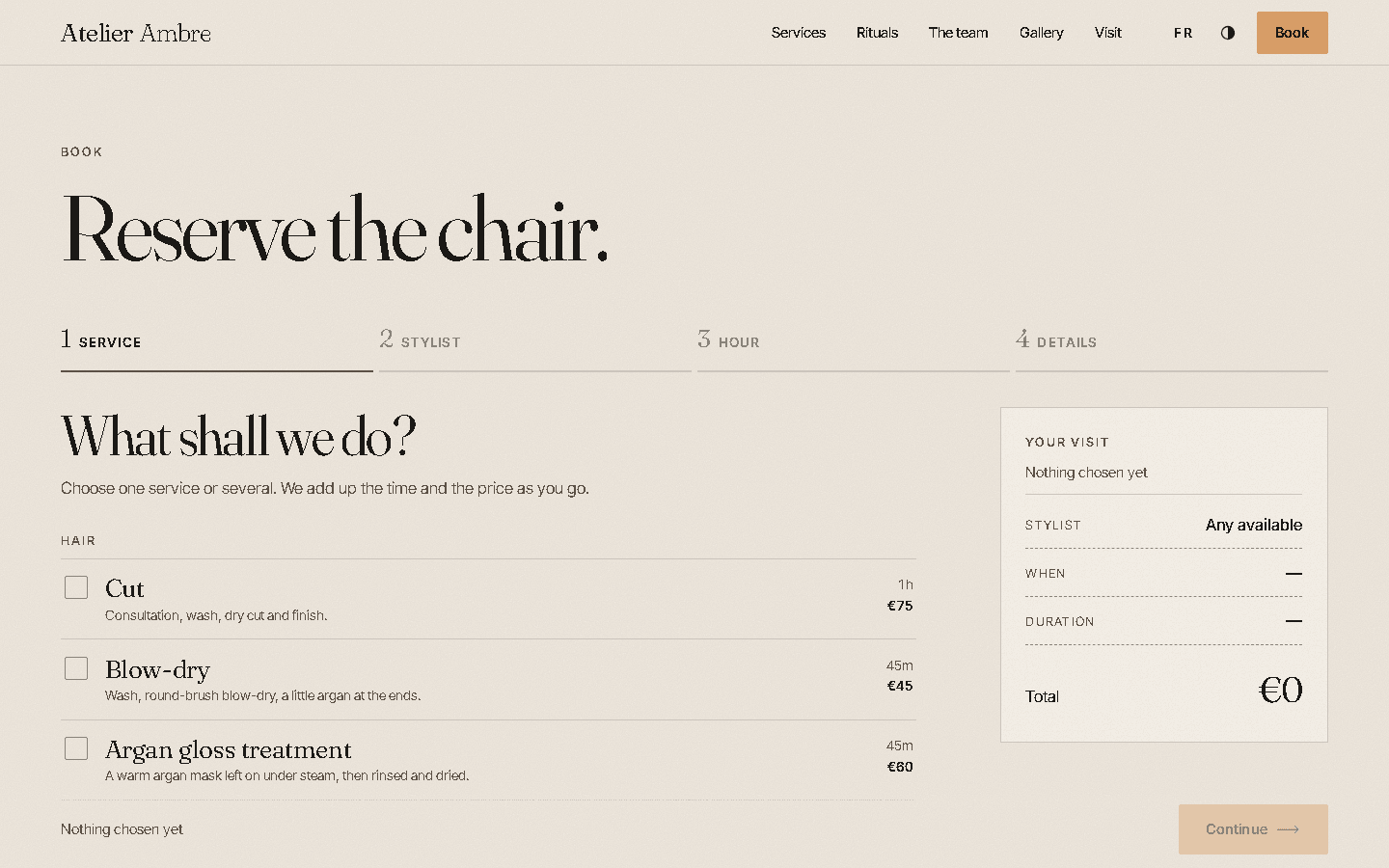 Atelier Ambre booking page.