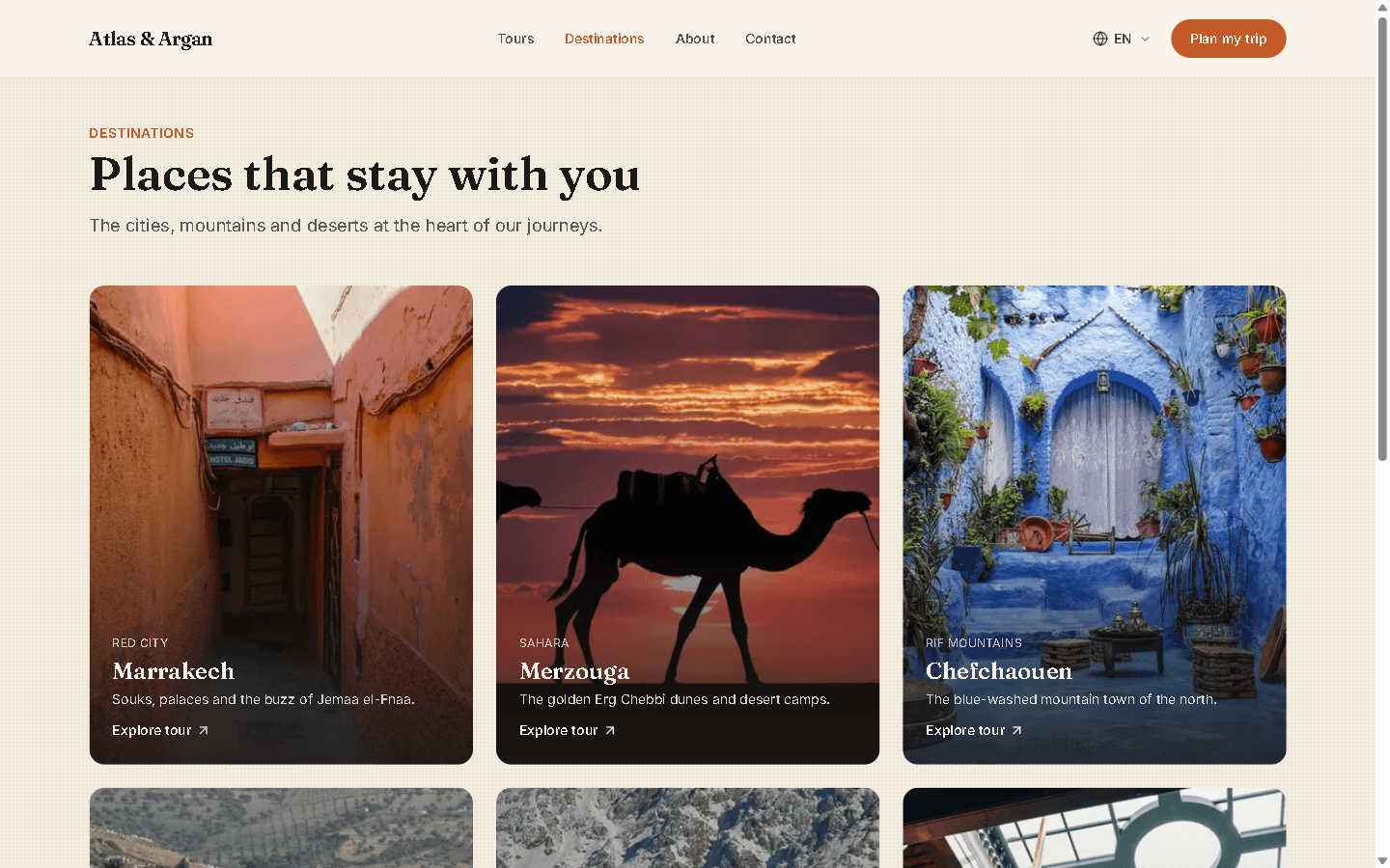 Atlas & Argan destinations page with an interactive map.