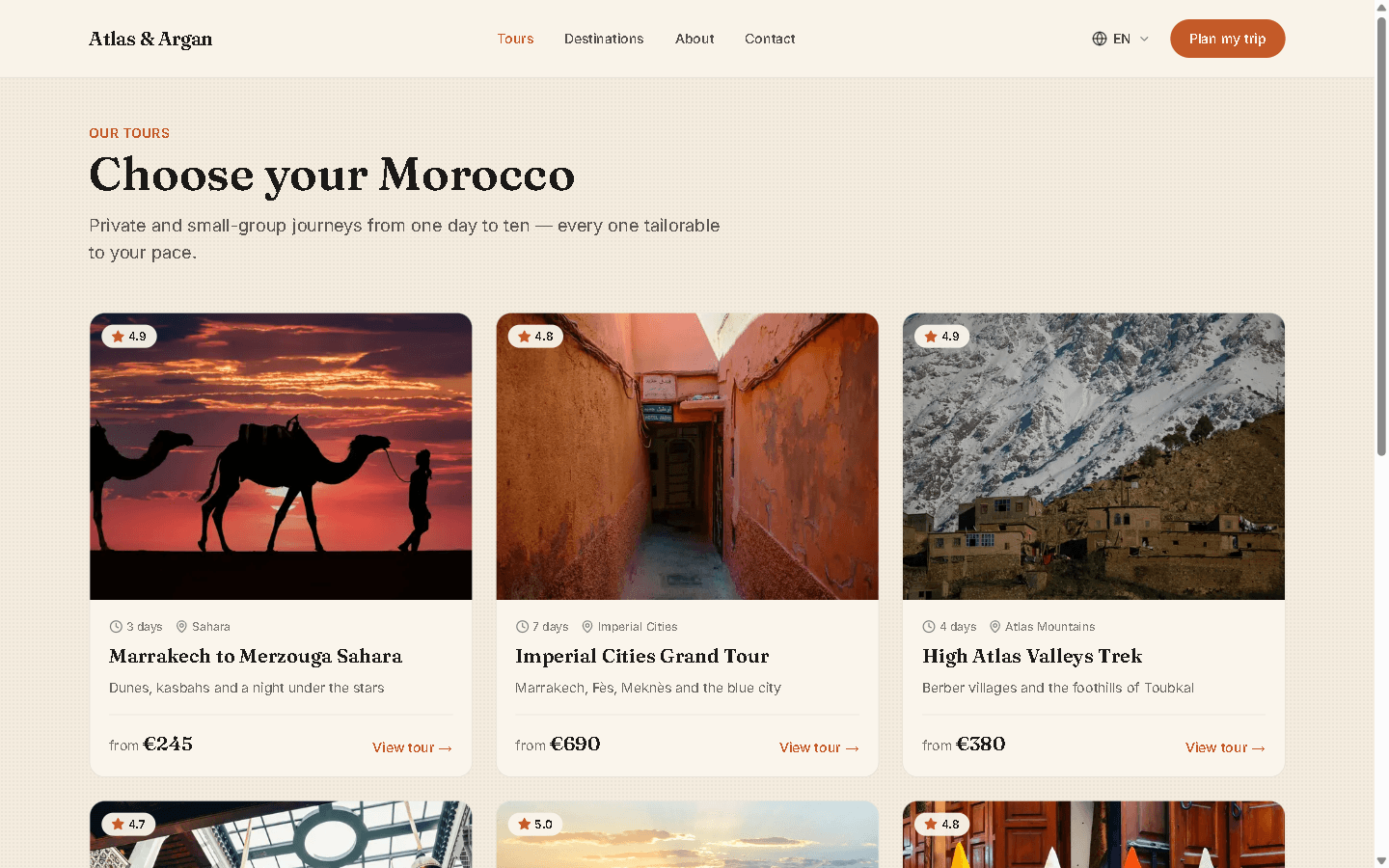 Atlas & Argan tours page listing signature journeys with pricing.