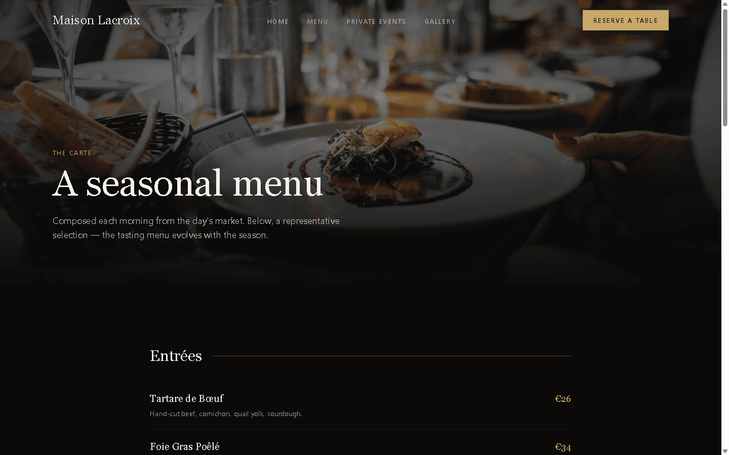 Maison Lacroix tabbed menu page showing Entrées, Plats, Desserts, and La Cave.