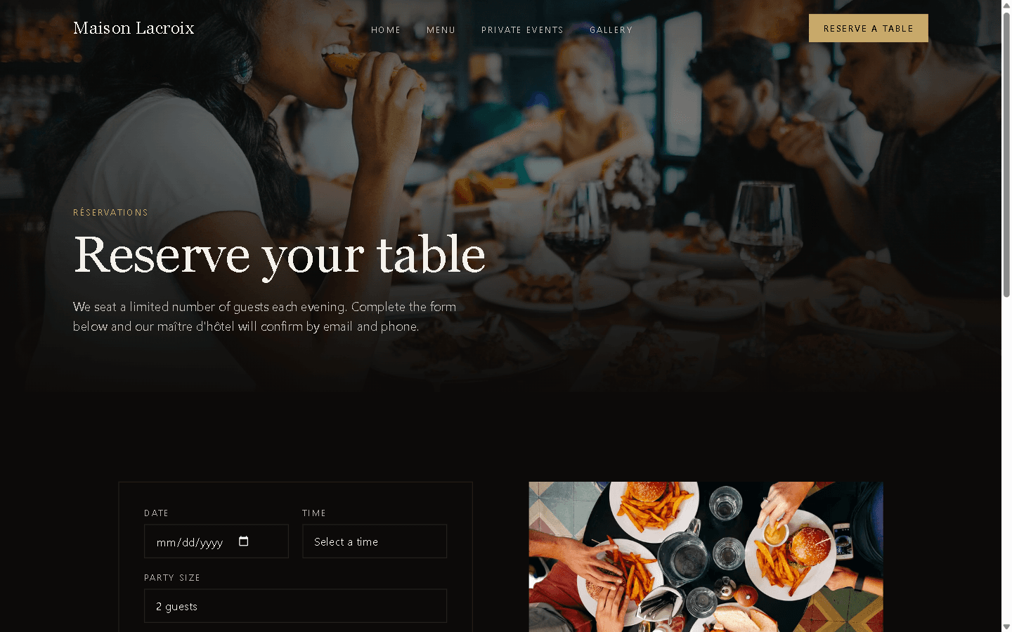 Maison Lacroix reservations page with a table-booking flow.