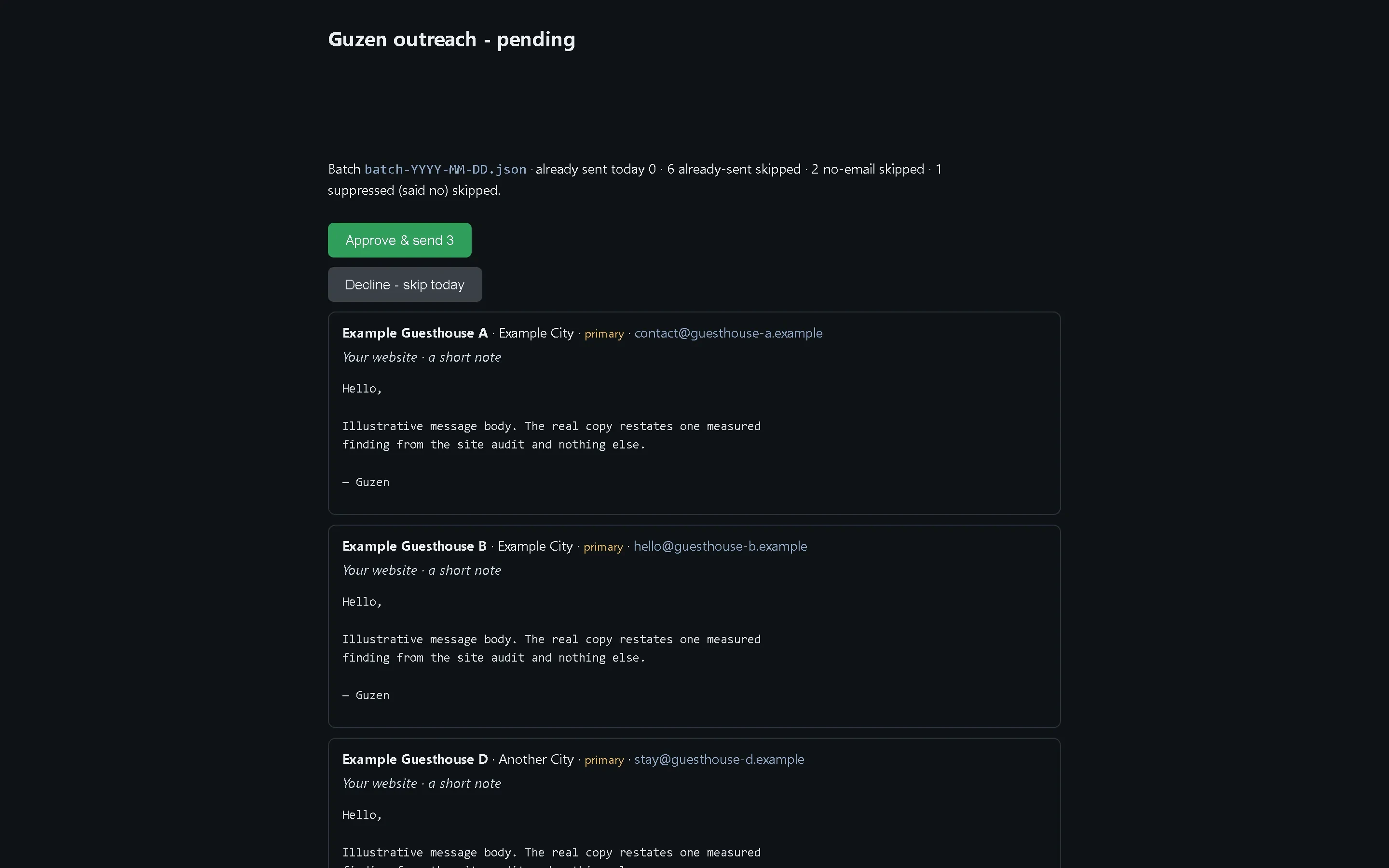 The daily approval page: batch summary, Approve and Decline buttons, and three illustrative leads with their drafted notes.